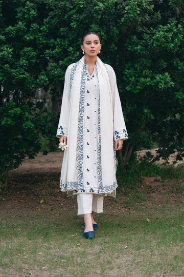 Women's White Cotton Embroidered 3-Piece Suit – Kurta, Pants & Dupatta