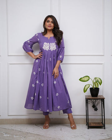 Purple Cotton Flared Women Suit Set