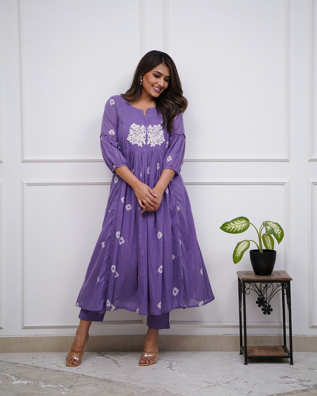 Purple Cotton Flared Women Suit Set