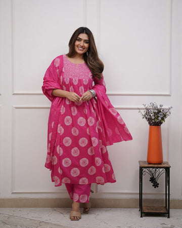 Women's Cotton Block Print With Embroidery Hand Work Flaired Straight Suit Embroidered Kurta, Trouser/Pant & Dupatta Set