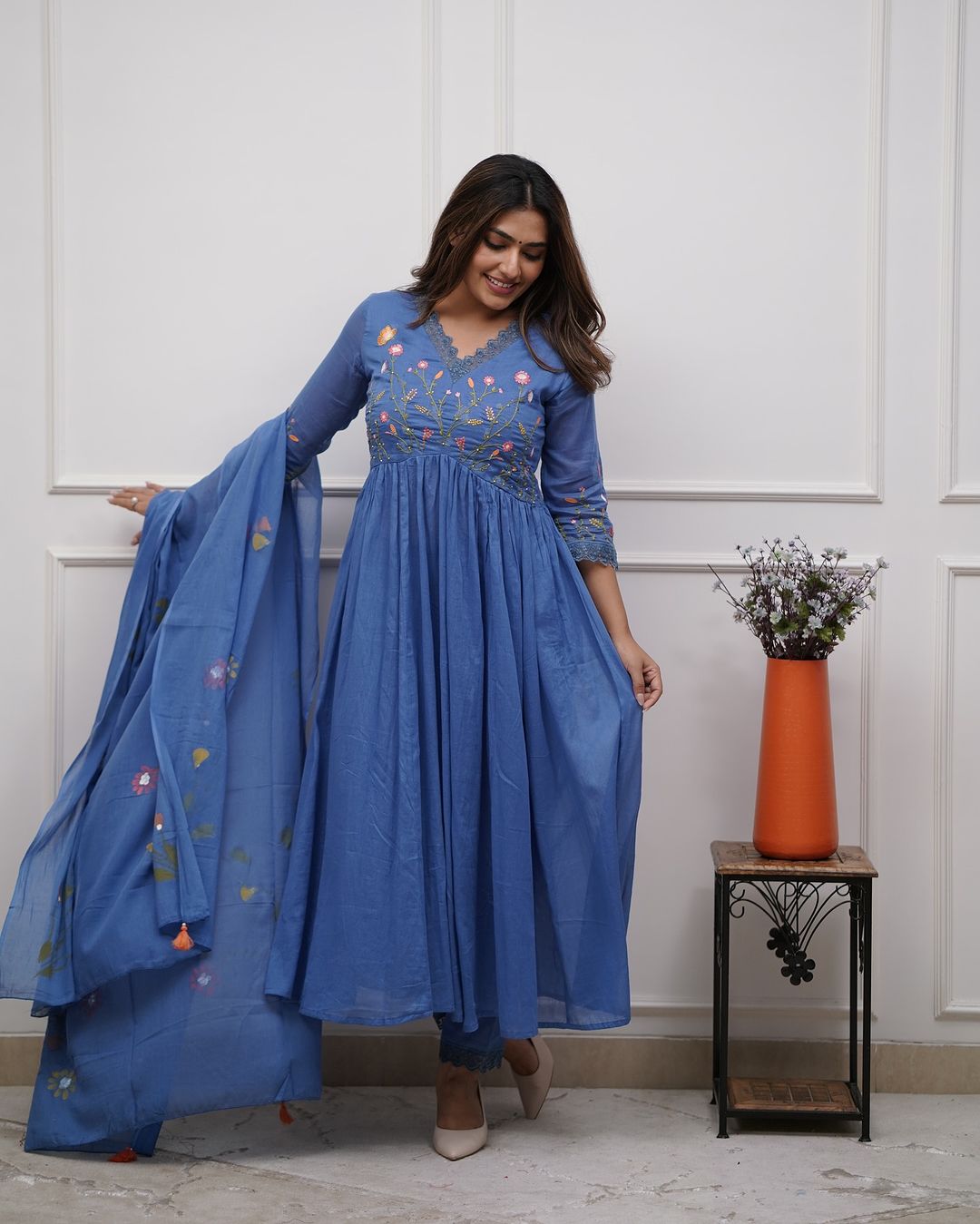 Ruffled Anarkali Cotton Suit Set