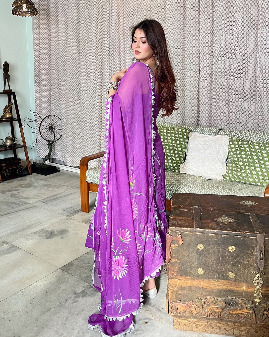 Gorgeous Jamuni Suit Set with Floral Handpainted Motifs