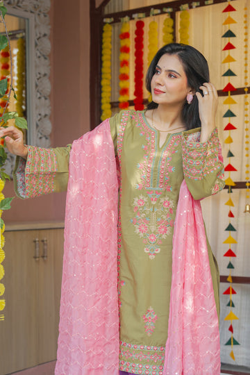 Olive Pink Floral Embroidered Farshi Suit Set
