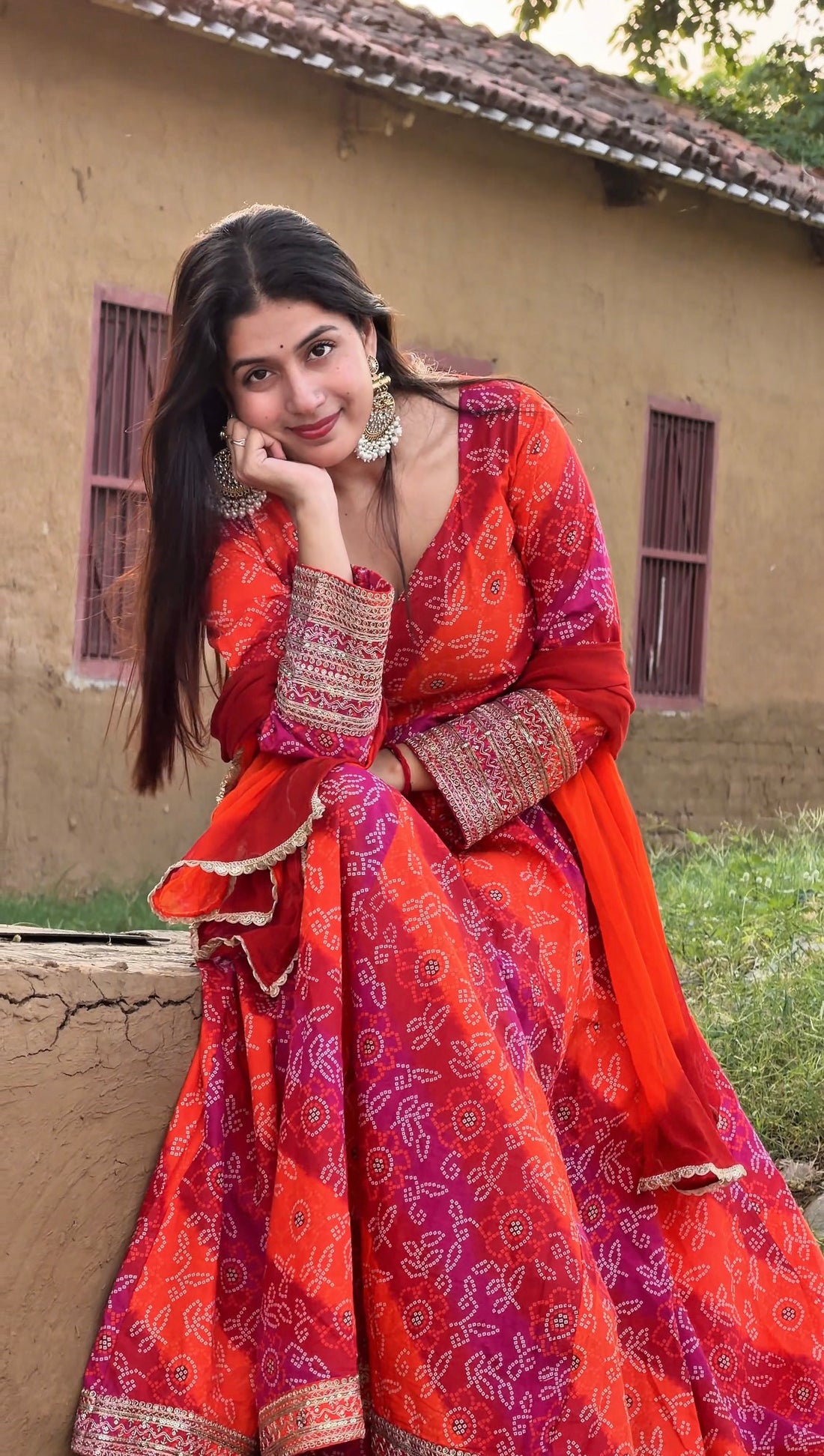 Kesariya Bandhani Dori Work Cotton Anarkali Set