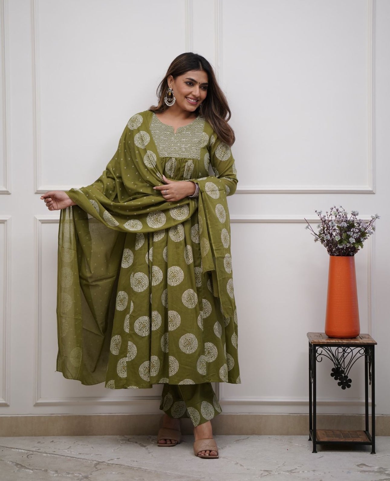 Olive Green Anarkali  Embroidery Suit Set