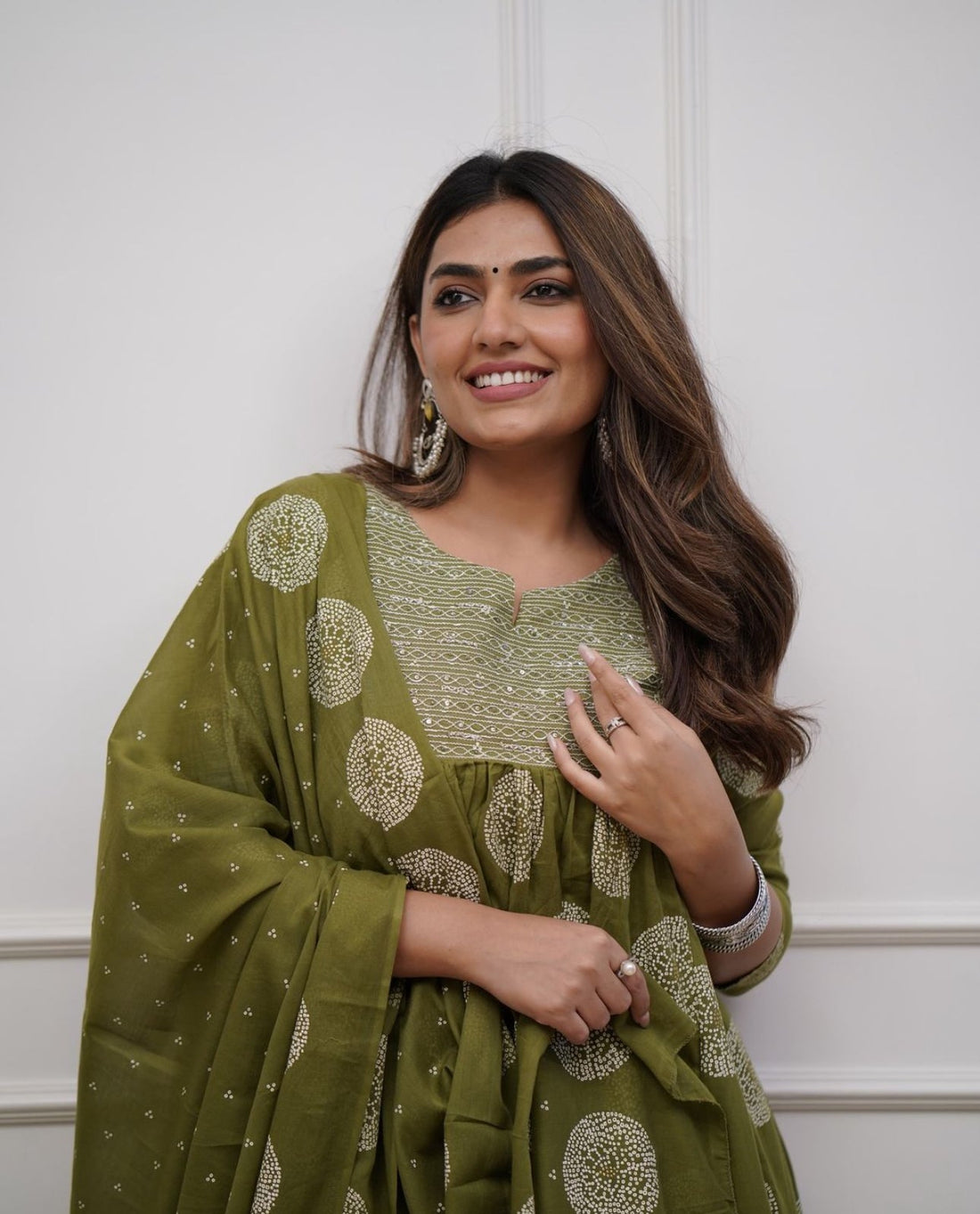 Olive Green Anarkali  Embroidery Suit Set