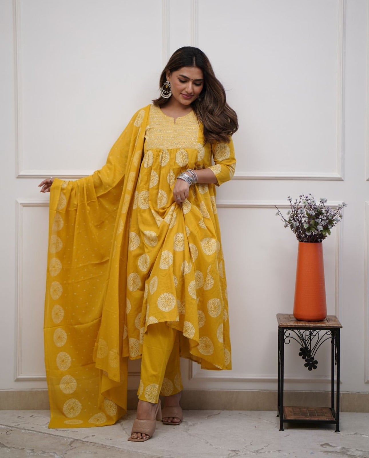 Mustard Anarkali  Embroidery Suit Set
