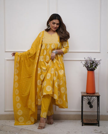 Mustard Anarkali  Embroidery Suit Set