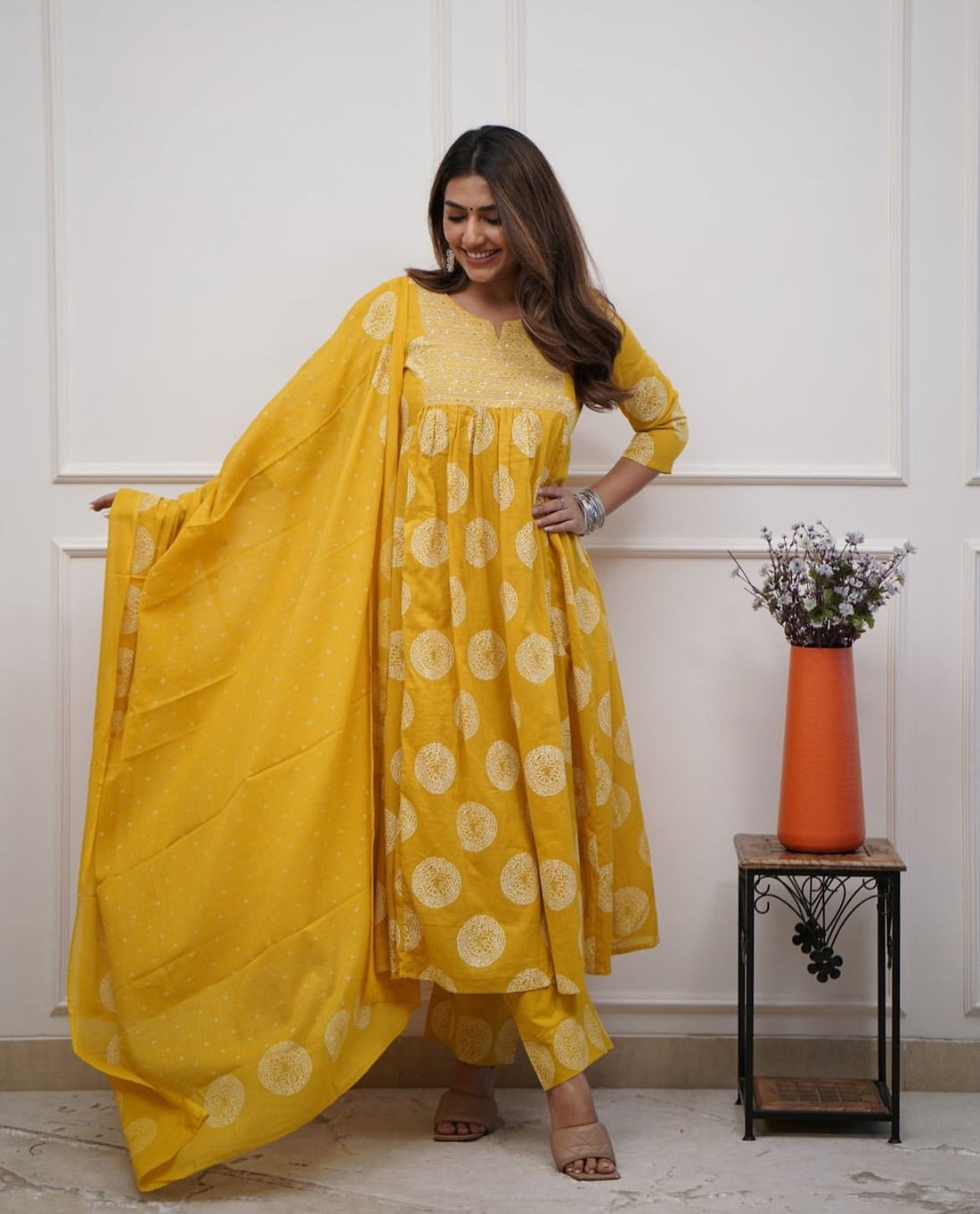 Mustard Anarkali  Embroidery Suit Set