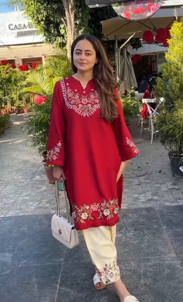 Red  Embroidered Co-ord set