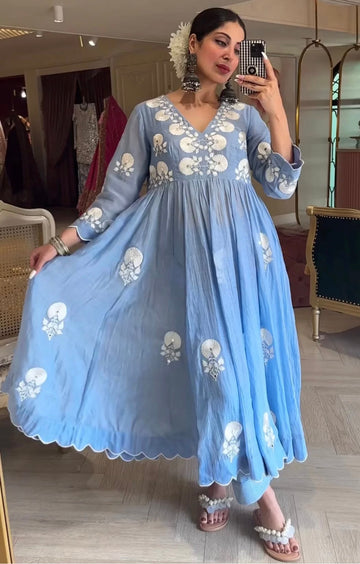 Blue cotton Anarkali suit