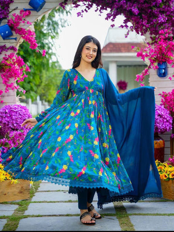Blue Floral Georgette Printed Anarkali Kurta Set
