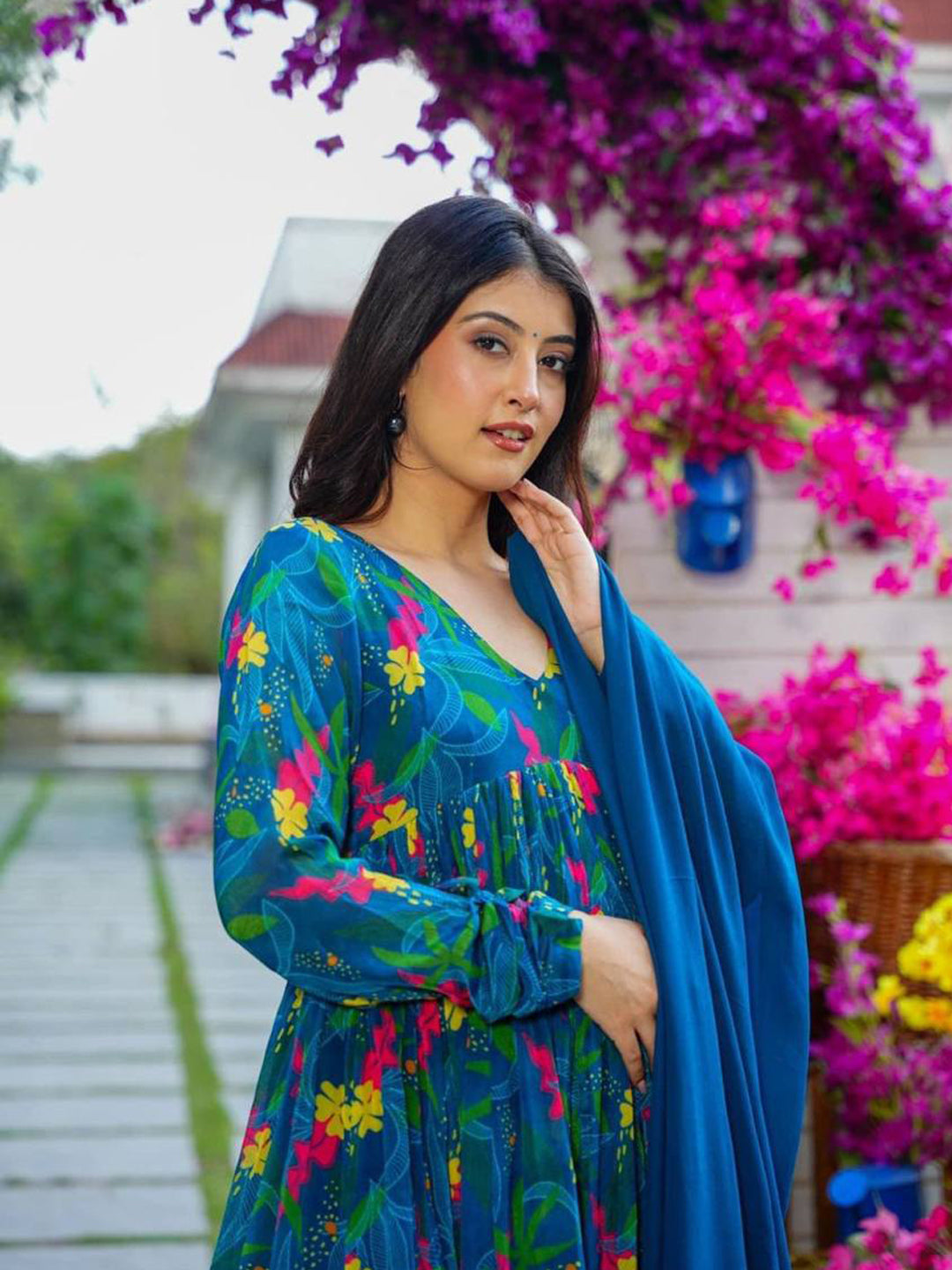 Blue Floral Georgette Printed Anarkali Kurta Set