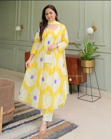Womens Yellow Lilac Pintex Floral Cotton Suit